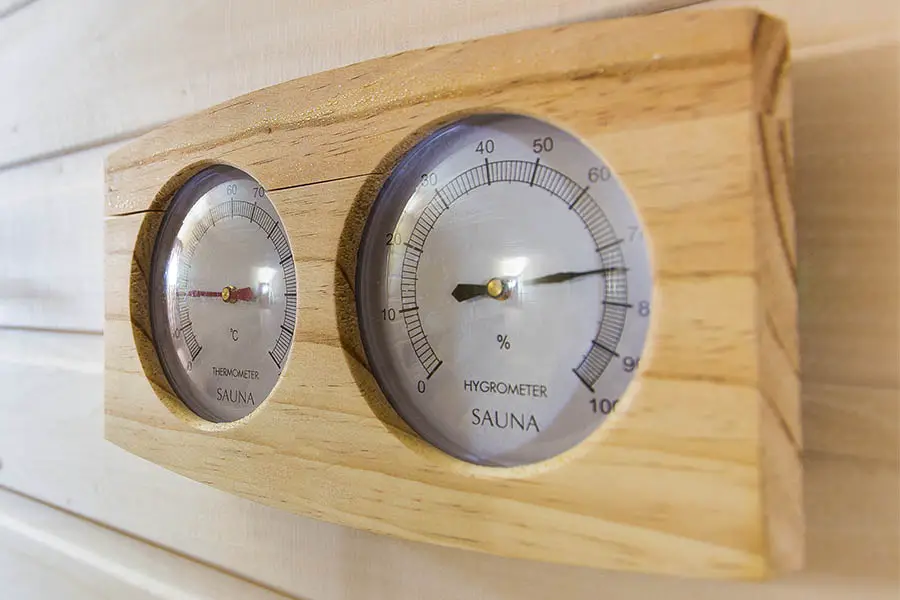Hygrometer and Temperature Gauge in a Sauna