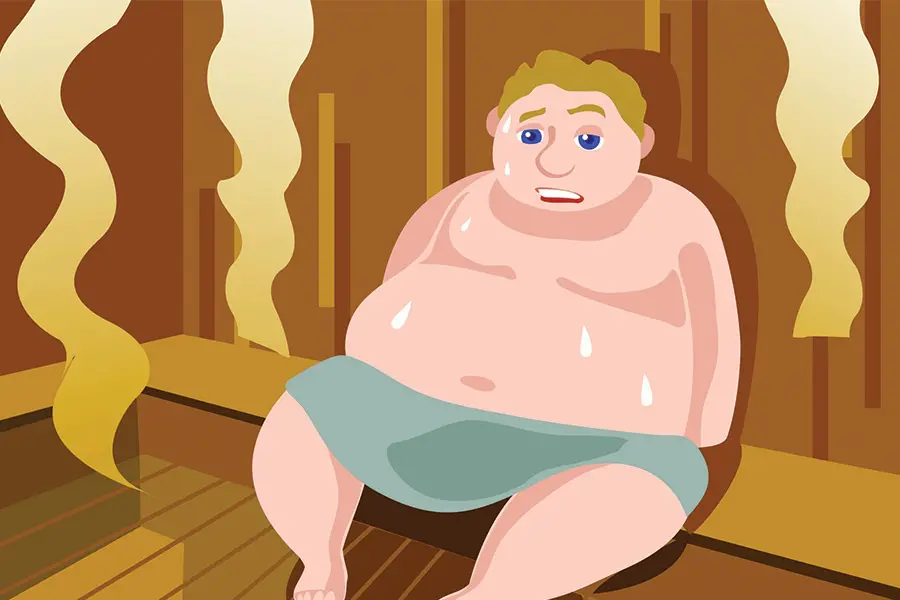 Cartoon larger man in a sauna sweating