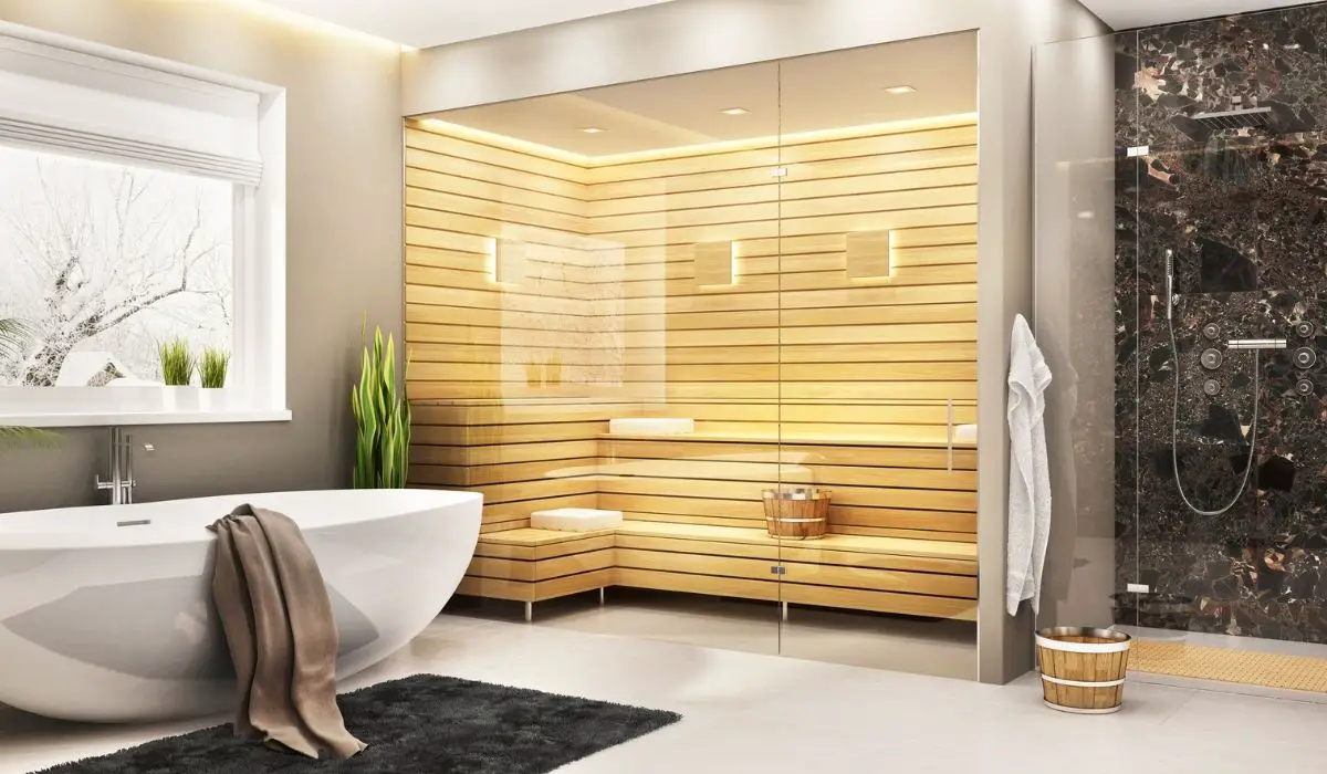 Luxurious bathroom with sauna in a modern home
