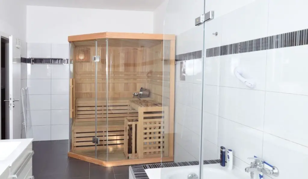 Bathroom at home with homemade sauna bath tub