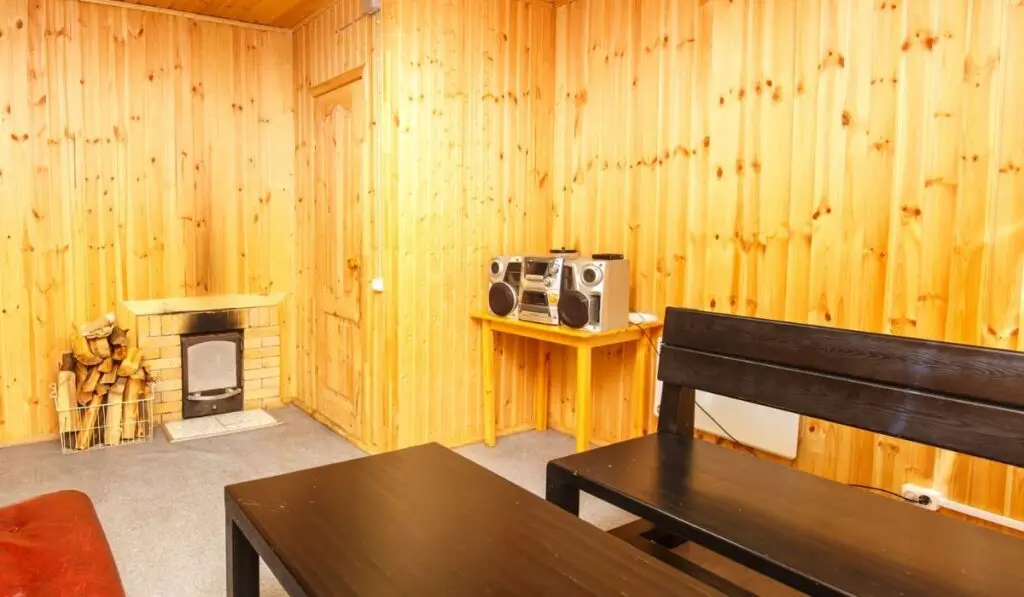 Lounge interior in wooden sauna house